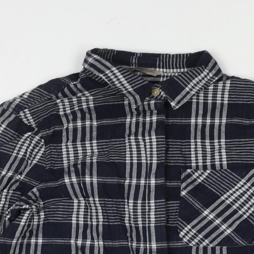 Marks and Spencer Womens Blue Check Cotton Basic Button-Up Size 8 Collared