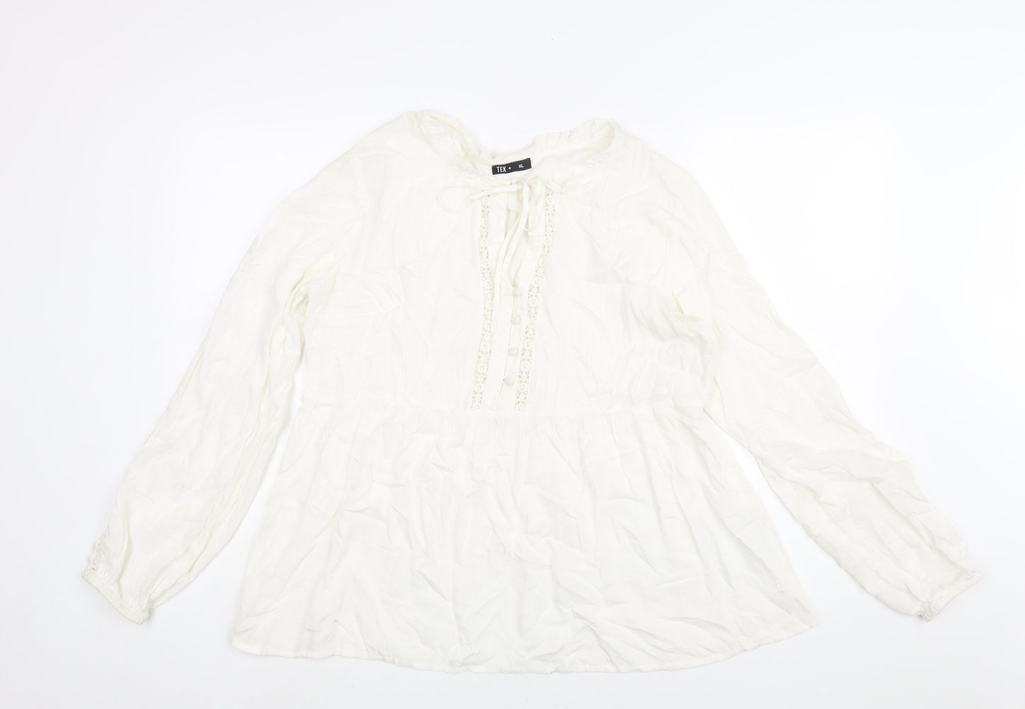 TEX Womens White Polyester Basic Blouse Size XL Round Neck - Button Detail Lace Trim