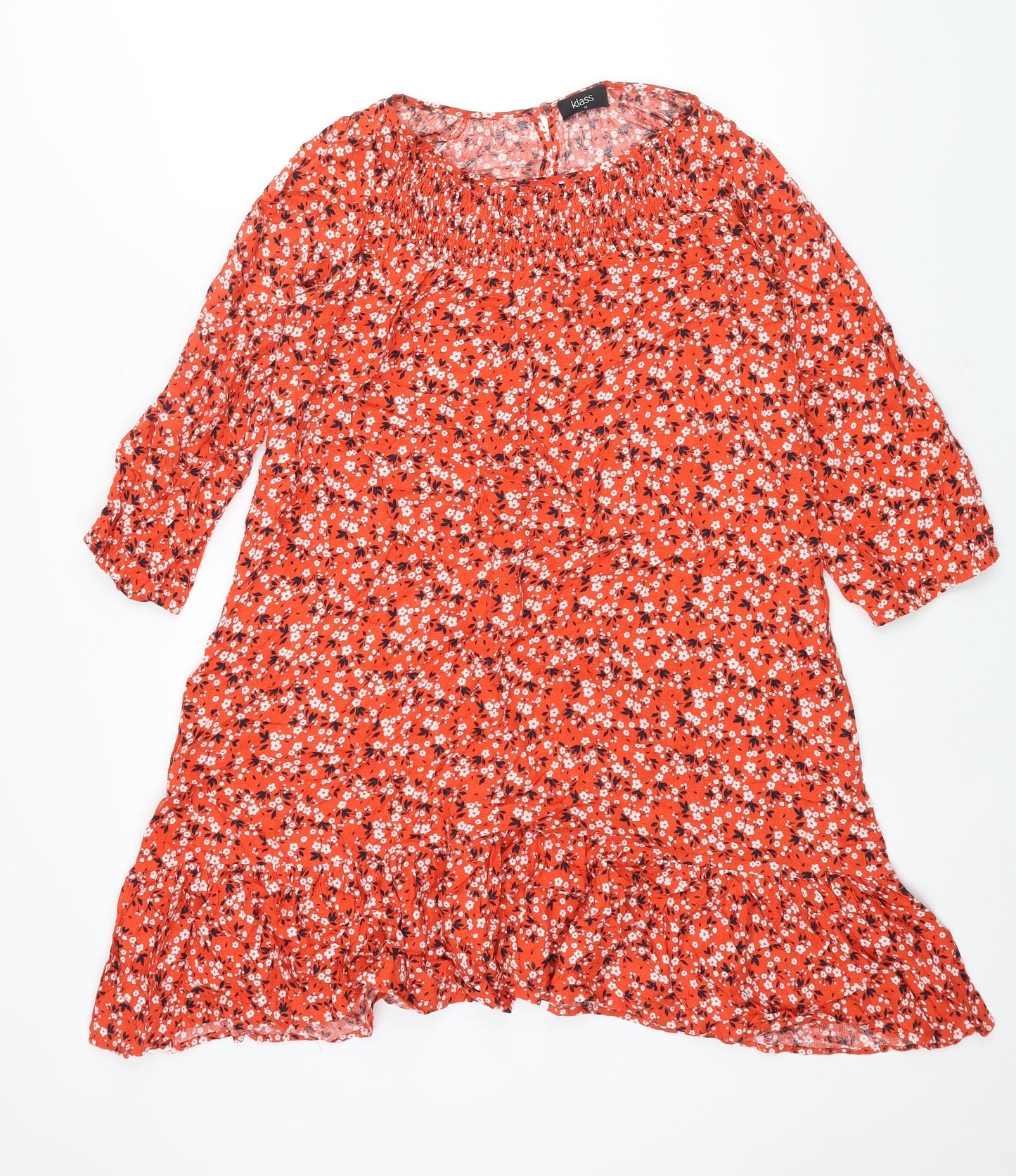 Klass Womens Red Floral Viscose A-Line Size 12 Round Neck Button - Smocked