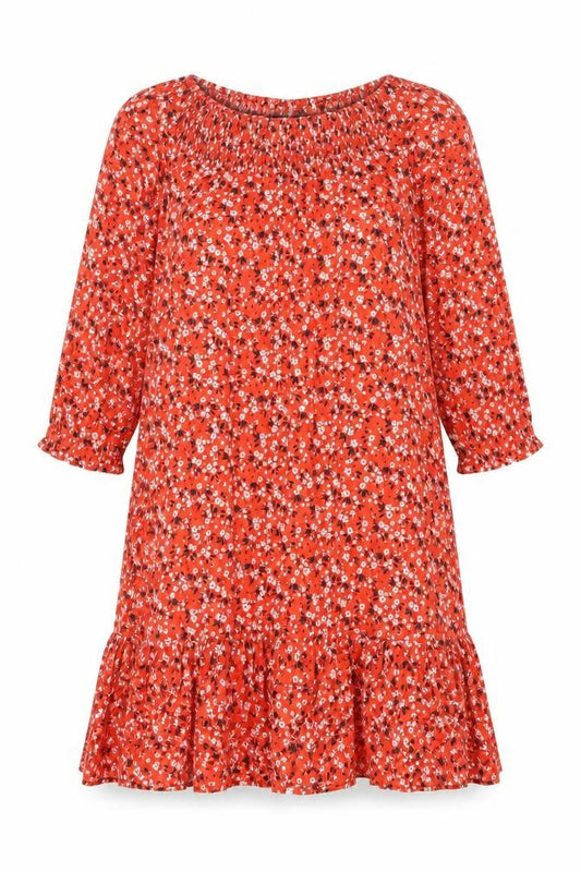 Klass Womens Red Floral Viscose A-Line Size 12 Round Neck Button - Smocked
