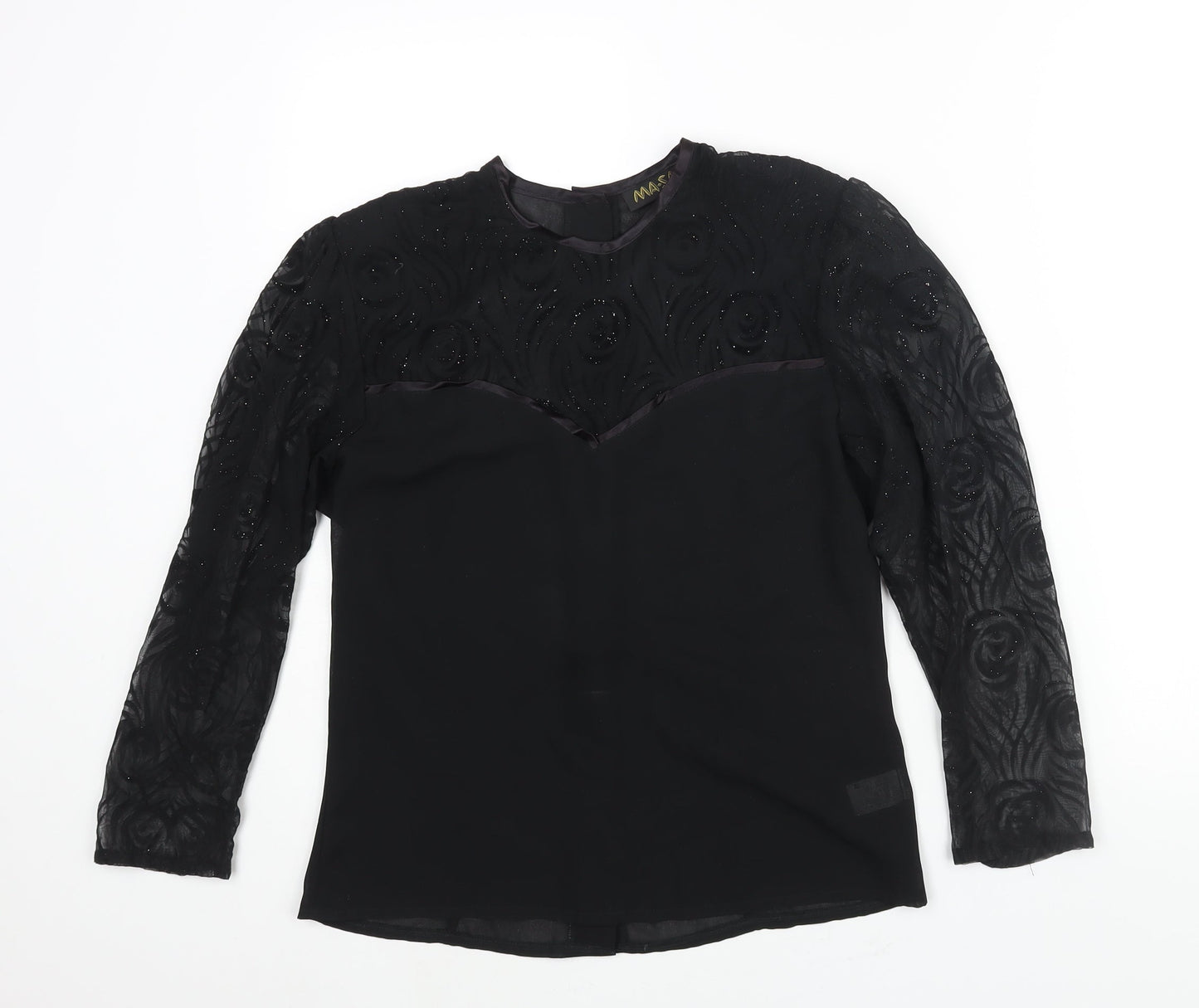 Masai Womens Black Polyester Basic Blouse Size 10 Round Neck - Velvet Floral Glitter Sleeves