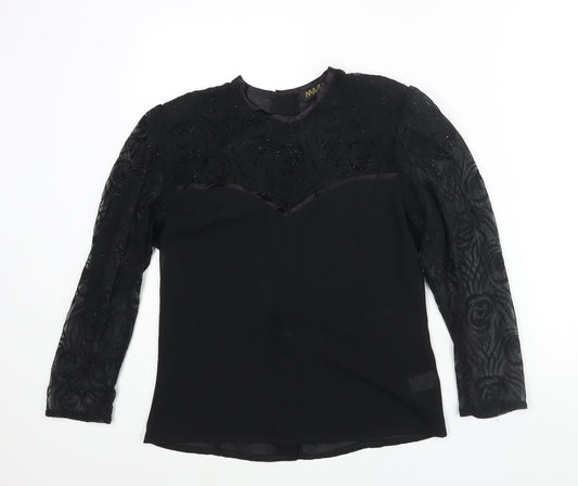 Masai Womens Black Polyester Basic Blouse Size 10 Round Neck - Velvet Floral Glitter Sleeves