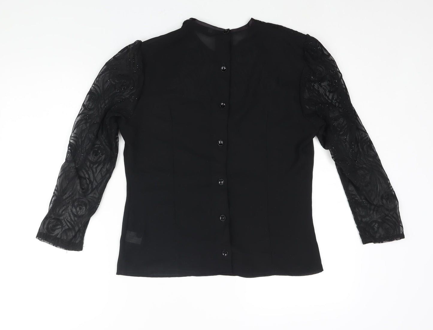 Masai Womens Black Polyester Basic Blouse Size 10 Round Neck - Velvet Floral Glitter Sleeves