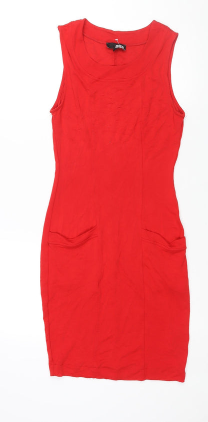 Additional front view of ASOS women’s red viscose bodycon, size UK 12, round neck pullover - pockets
