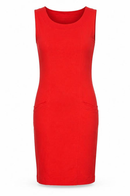 Front view of ASOS women’s red viscose bodycon, size UK 12, round neck pullover - pockets