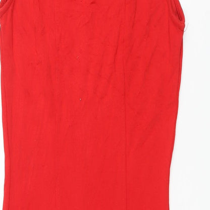 Close-up detail of ASOS women’s red viscose bodycon, size UK 12, round neck pullover - pockets