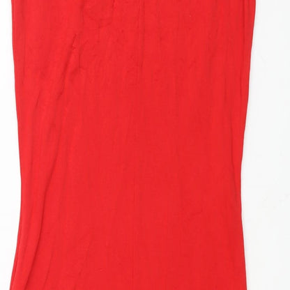 Brand and care label for ASOS women’s red viscose bodycon, size UK 12, round neck pullover - pockets
