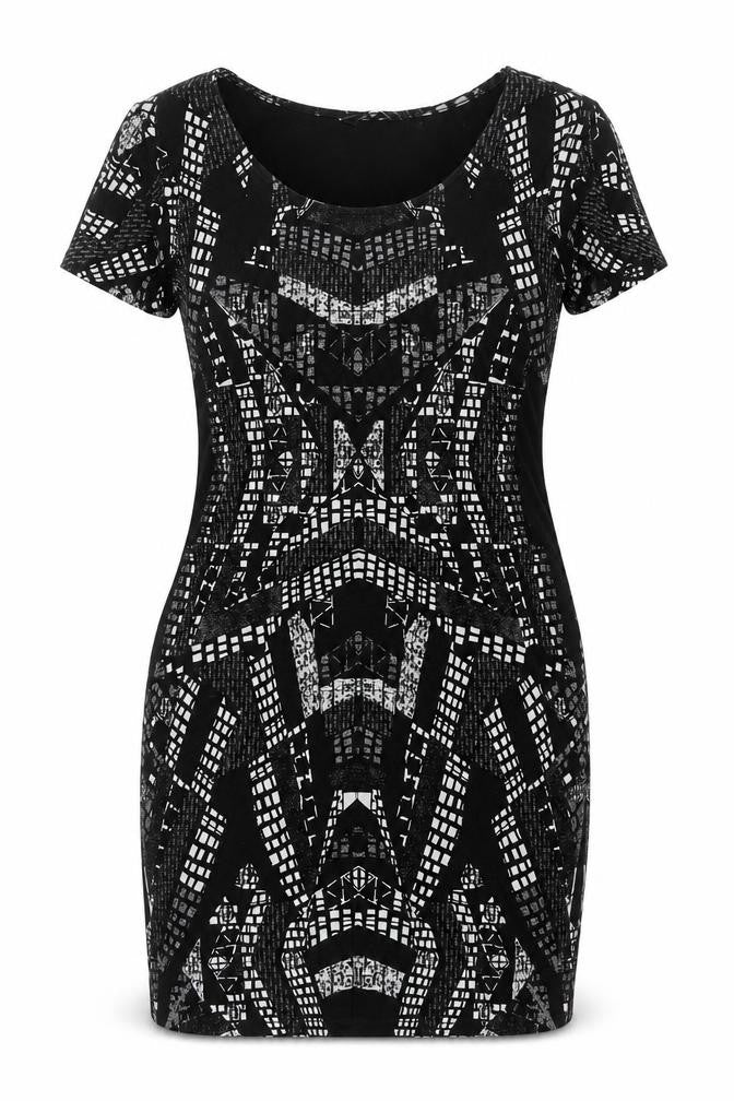 H&M Womens Black Geometric Cotton Bodycon Size M Scoop Neck Pullover