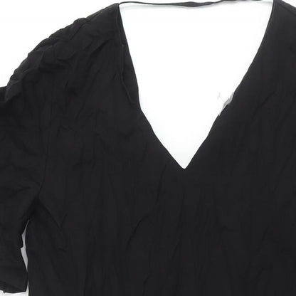 Close-up detail of b.young women’s black lyocell shift, size UK 10, v-neck pullover