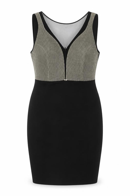 Explosion Womens Black Cotton Pencil Dress Size 14 Round Neck Zip - Gold Chainmail Bodice Mesh V Neck