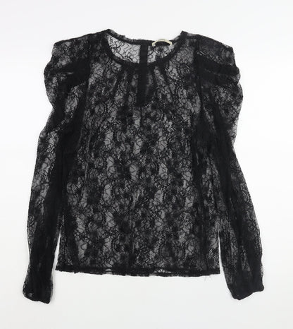 Oasis Womens Black Polyester Basic Blouse Size L Round Neck - Semi Sheer