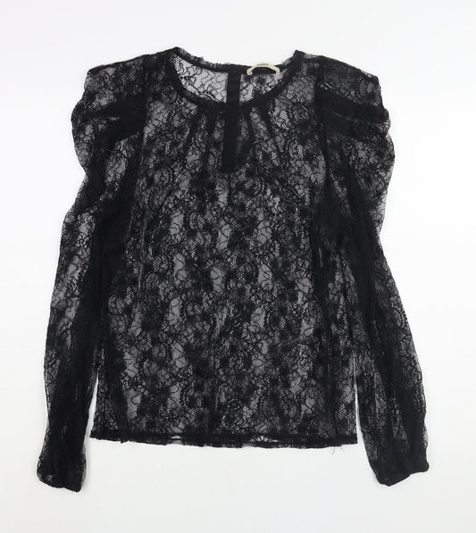 Oasis Womens Black Polyester Basic Blouse Size L Round Neck - Semi Sheer