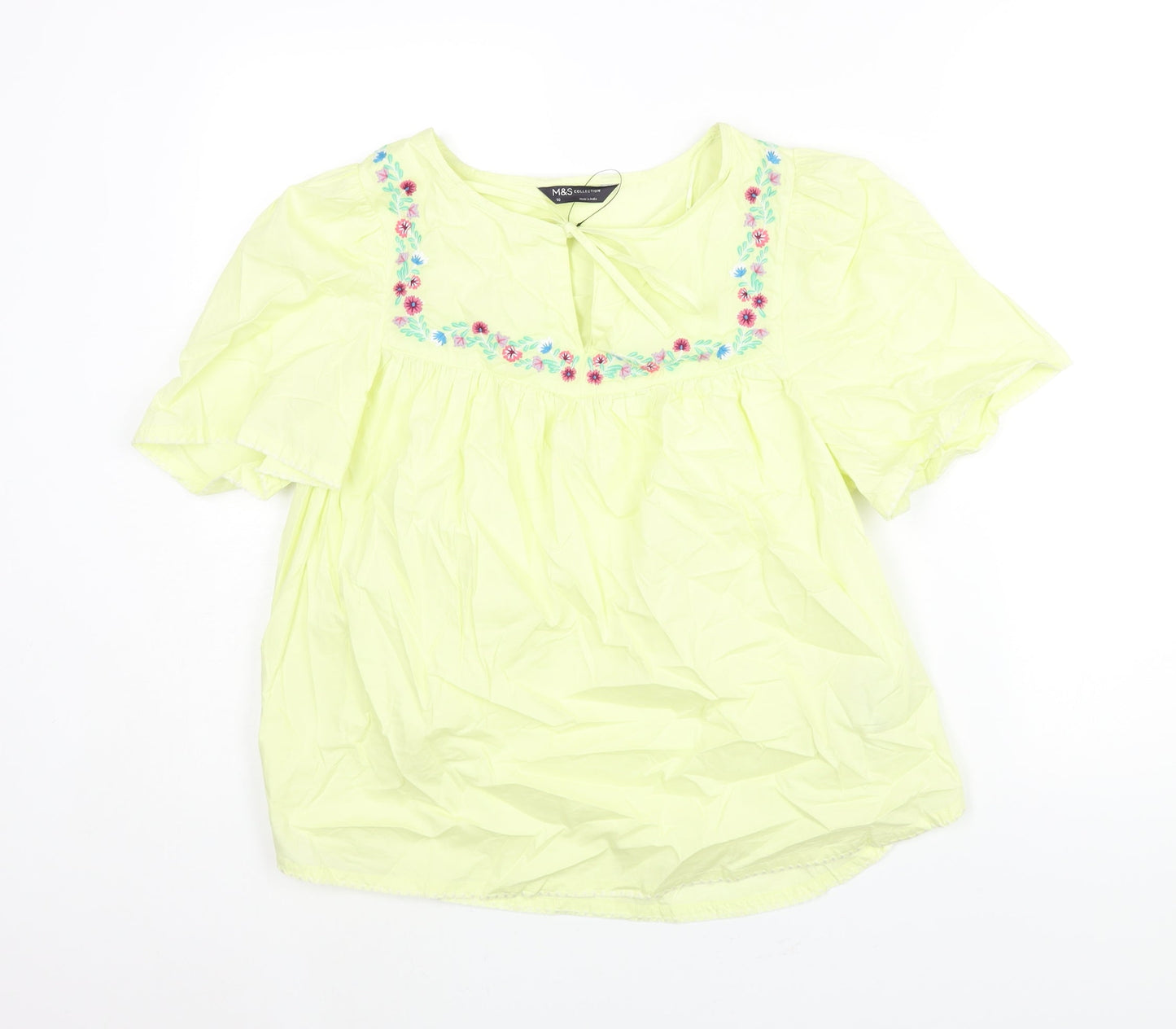 Marks and Spencer Womens Green Cotton Basic Blouse Size 10 Round Neck - Floral Embroidery