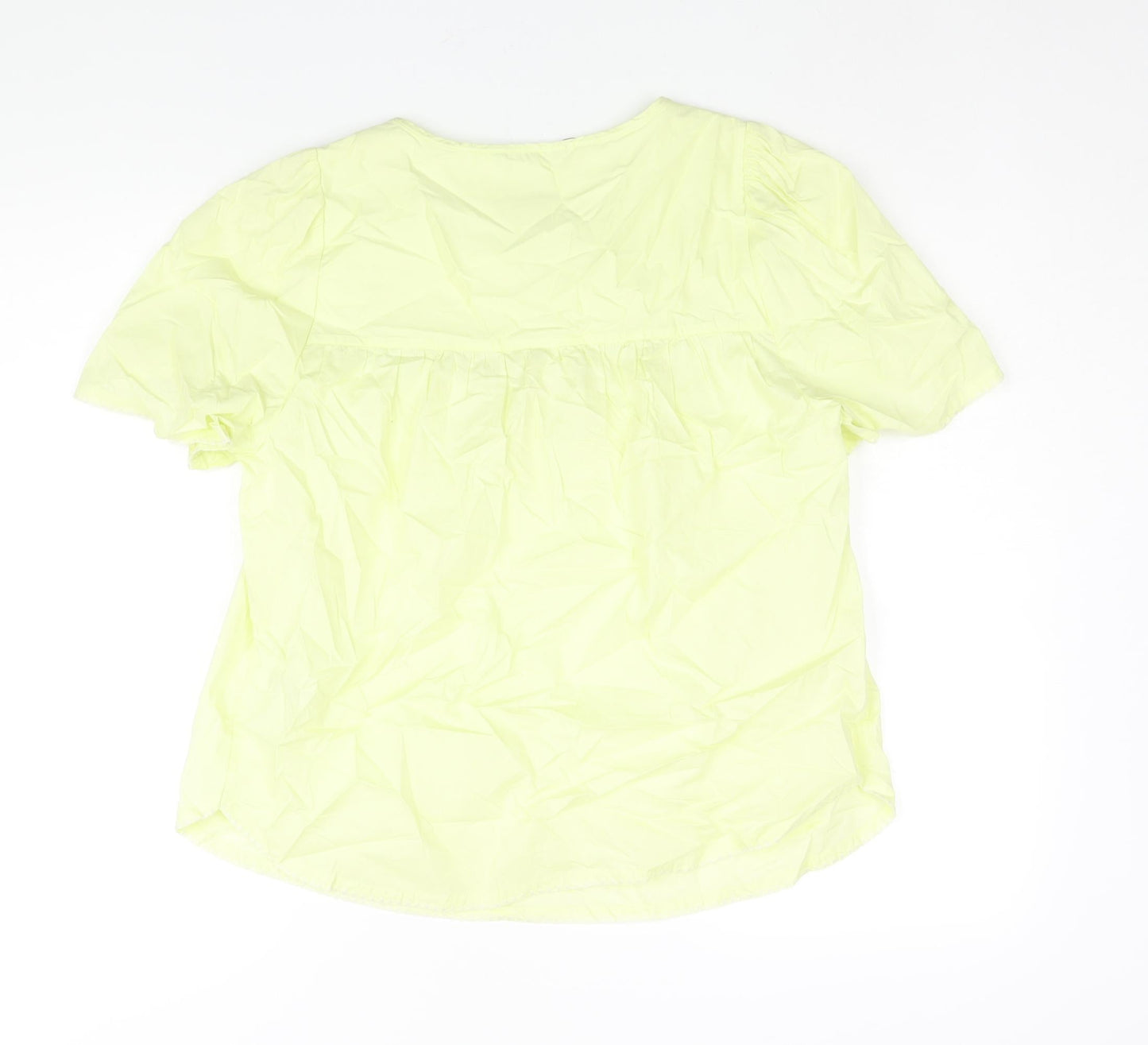 Marks and Spencer Womens Green Cotton Basic Blouse Size 10 Round Neck - Floral Embroidery