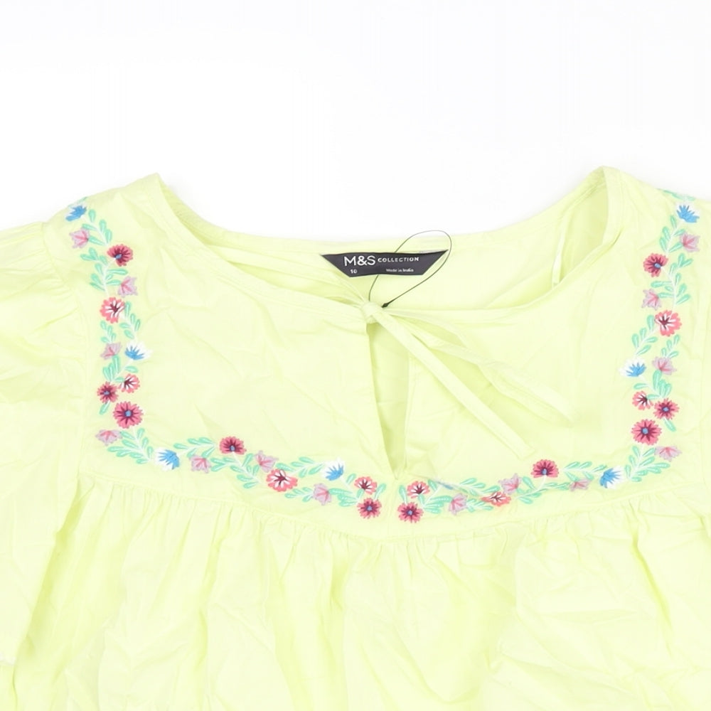 Marks and Spencer Womens Green Cotton Basic Blouse Size 10 Round Neck - Floral Embroidery