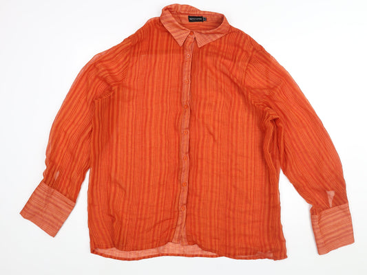 PRETTYLITTLETHING Womens Orange Striped Polyester Basic Button-Up Size 6 Collared - Semi Sheer Oversized