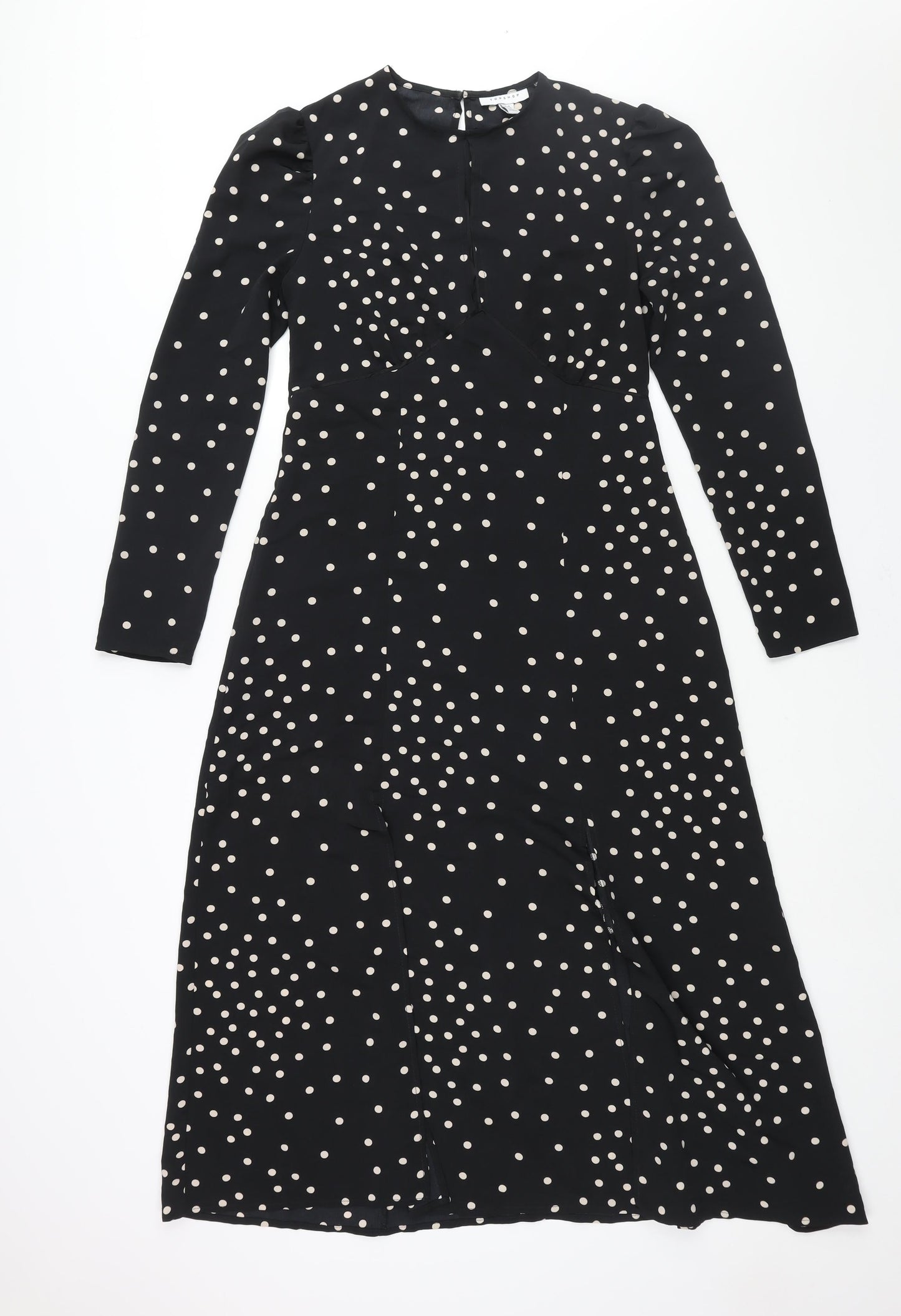 Topshop Womens Black Polka Dot Polyester Shift Size 10 Round Neck Button - Front Slits Keyhole Neck