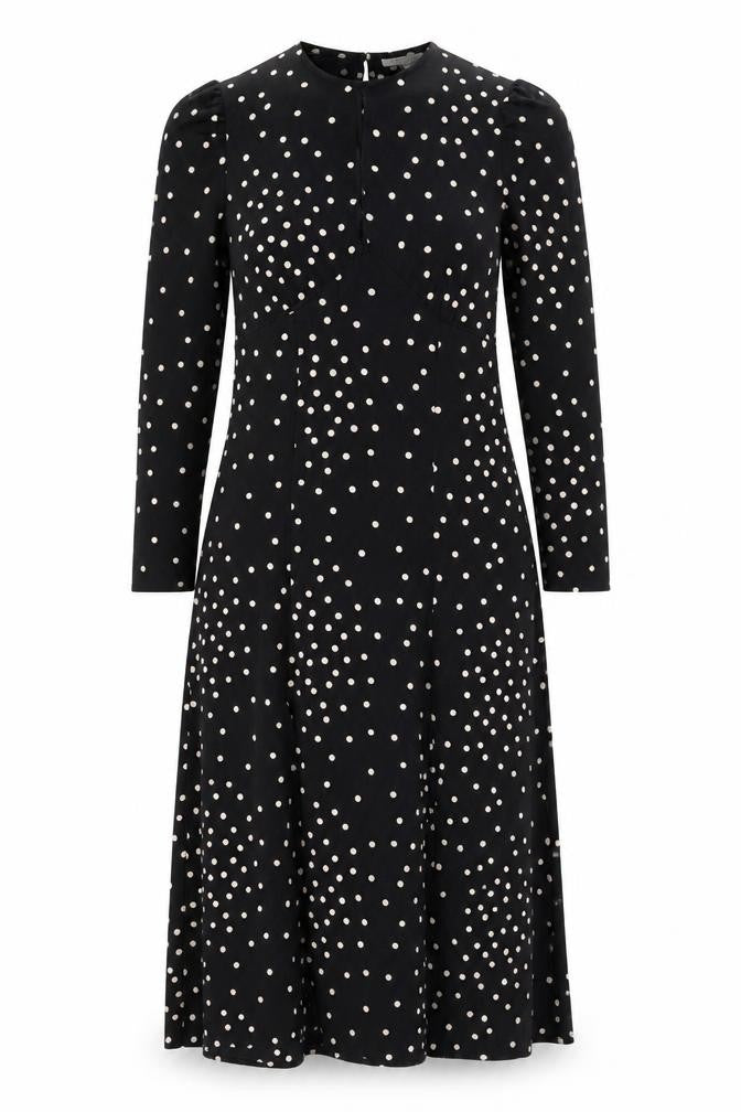 Topshop Womens Black Polka Dot Polyester Shift Size 10 Round Neck Button - Front Slits Keyhole Neck