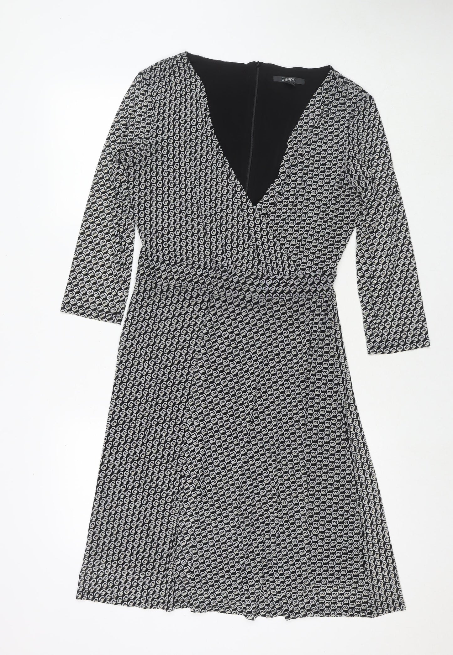 Esprit Womens Black Geometric Polyester Fit & Flare Size M V-Neck Zip