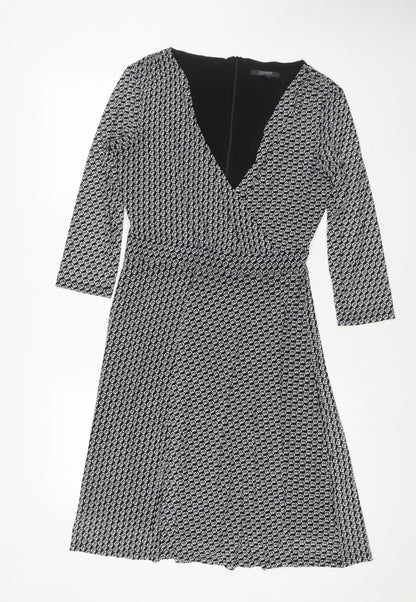 Additional front view of ESPRIT women’s black geometric polyester fit & flare, size M, v-neck zip