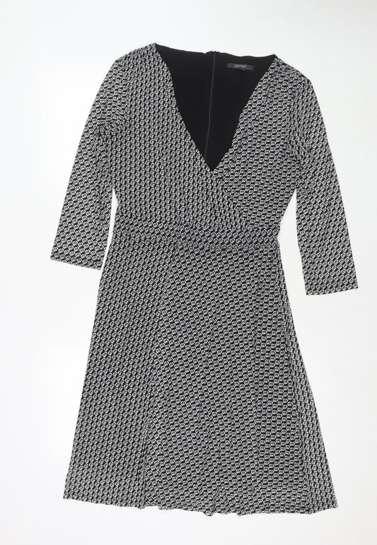 Esprit Womens Black Geometric Polyester Fit & Flare Size M V-Neck Zip