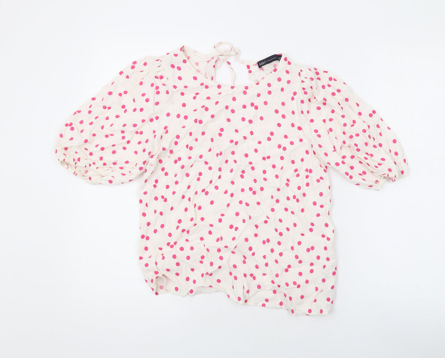Marks and Spencer Womens Ivory Polka Dot Viscose Basic Button-Up Size 10 Round Neck