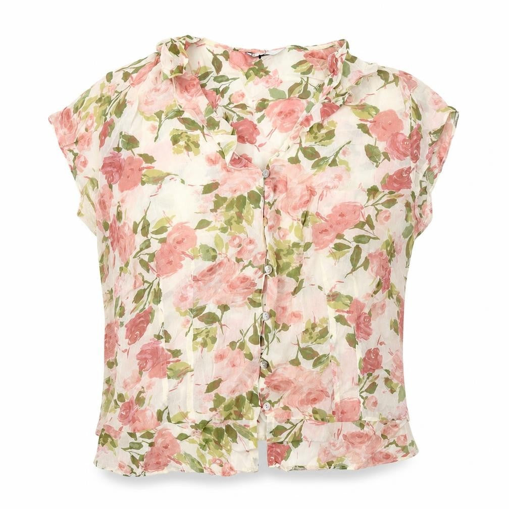BHS Womens White Floral Viscose Basic Blouse Size 2 V-Neck