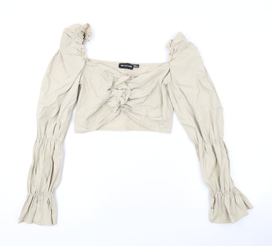 PRETTYLITTLETHING Womens Beige Polyester Cropped Blouse Size 12 V-Neck