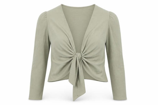 Front view of ASOS women’s green v-neck polyester shrug jumper, size UK 16