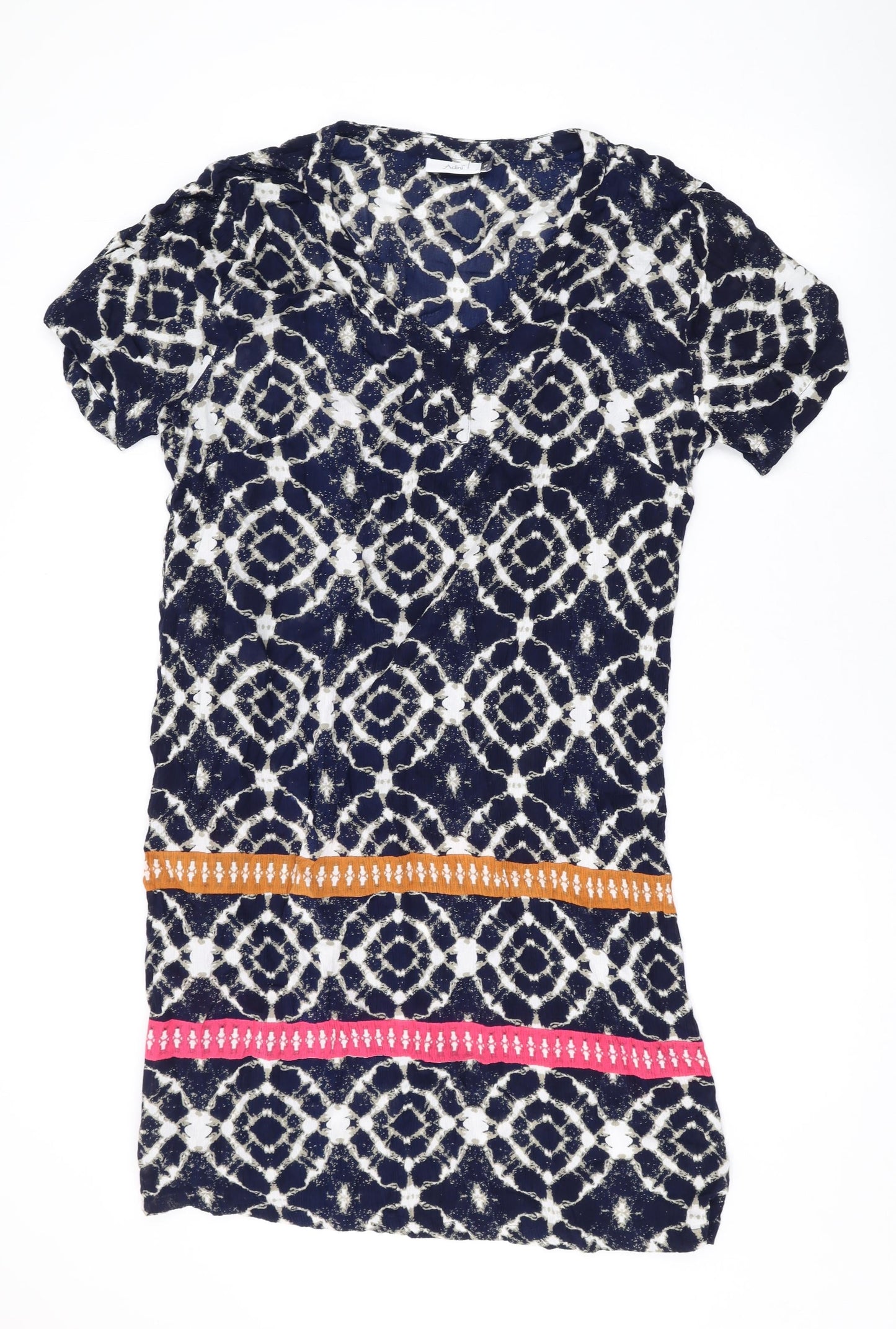 Adini Womens Blue Geometric Viscose T-Shirt Dress Size M V-Neck Pullover
