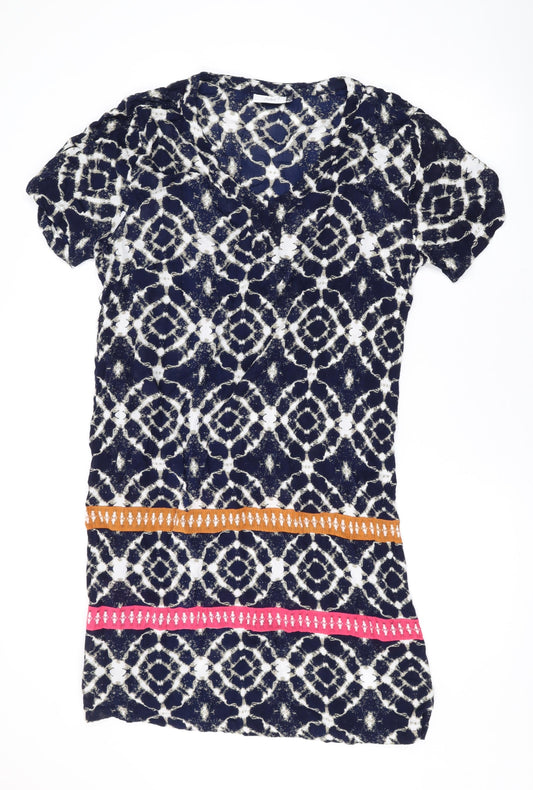 Adini Womens Blue Geometric Viscose T-Shirt Dress Size M V-Neck Pullover