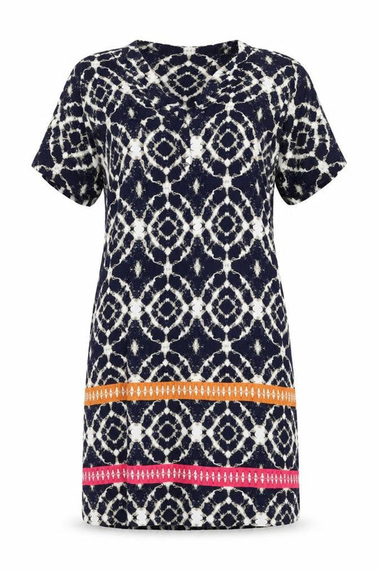 Adini Womens Blue Geometric Viscose T-Shirt Dress Size M V-Neck Pullover
