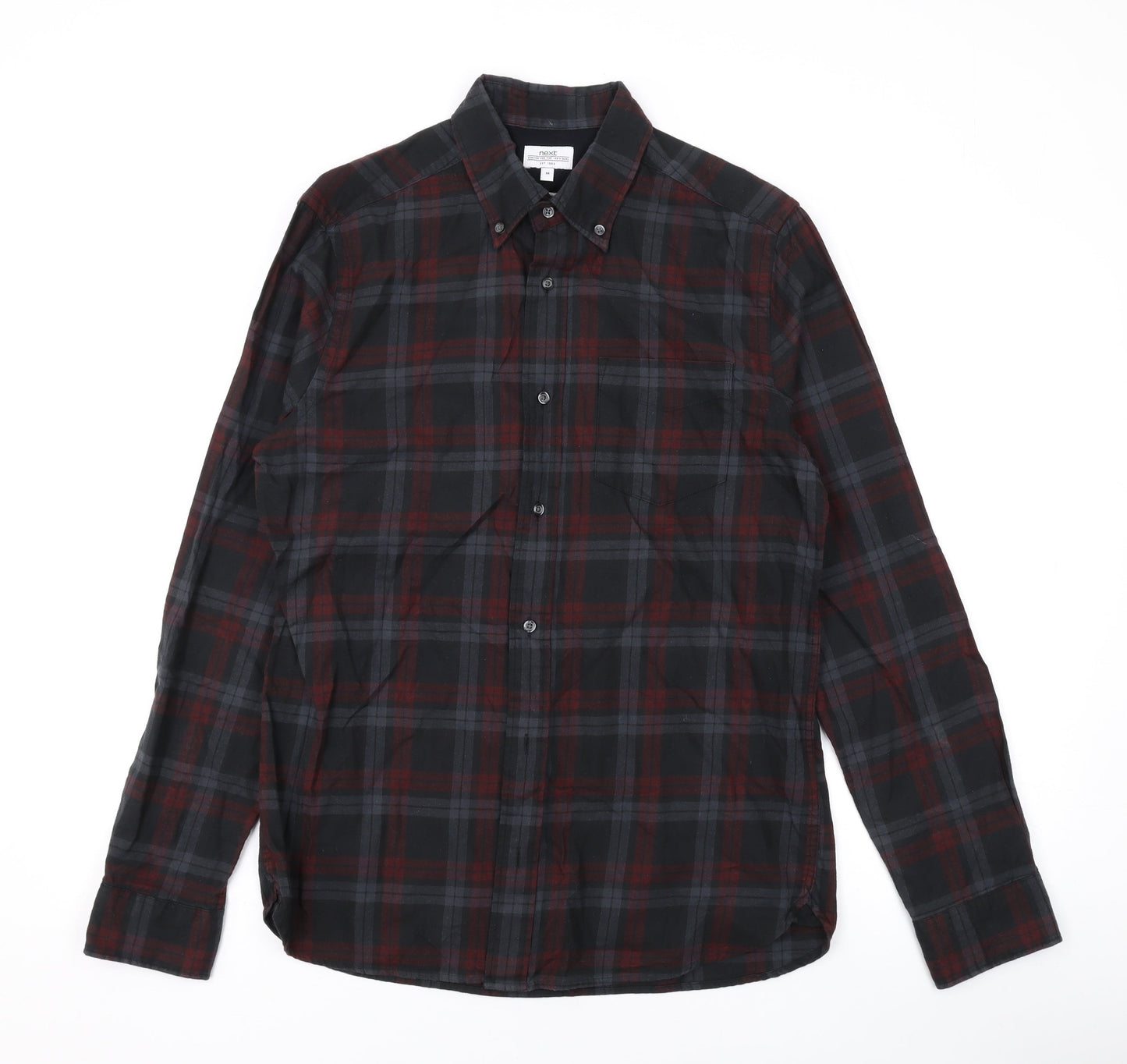 NEXT Mens Grey Plaid Cotton Button-Up Size M Collared Button