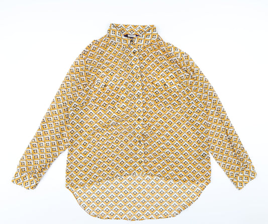 NEXT Womens Yellow Geometric Polyester Basic Button-Up Size 10 Collared