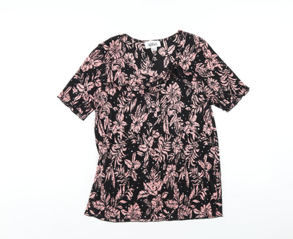 Afibel Womens Black Floral Polyester Basic T-Shirt Size 14 Round Neck
