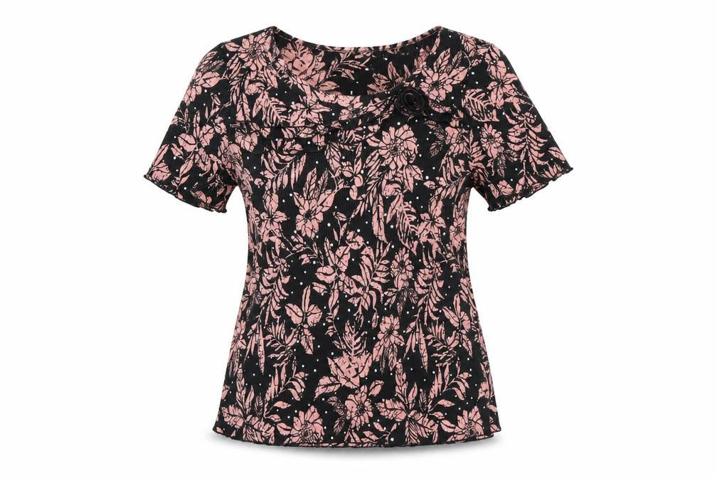 Afibel Womens Black Floral Polyester Basic T-Shirt Size 14 Round Neck