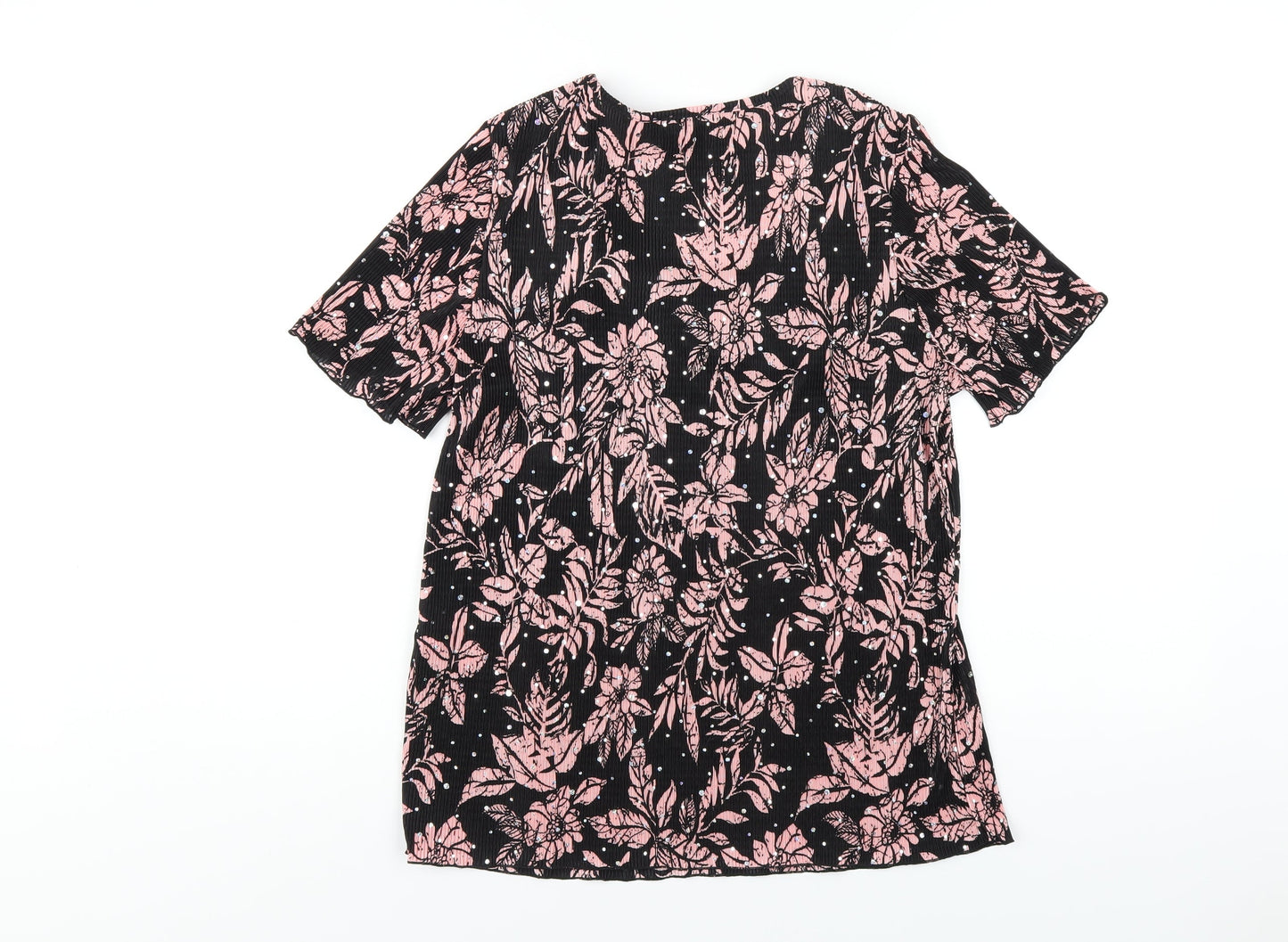 Afibel Womens Black Floral Polyester Basic T-Shirt Size 14 Round Neck