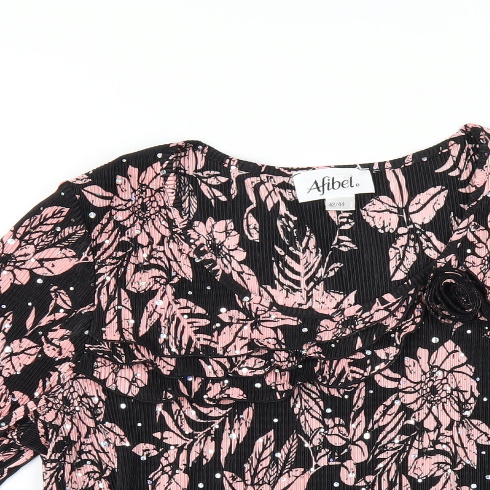 Afibel Womens Black Floral Polyester Basic T-Shirt Size 14 Round Neck