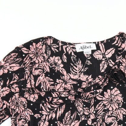 Afibel Womens Black Floral Polyester Basic T-Shirt Size 14 Round Neck