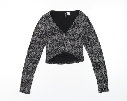 H&M Womens Black Geometric Polyamide Cropped T-Shirt Size S V-Neck
