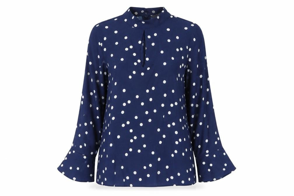 Sosandar Womens Blue Polka Dot Polyester Basic T-Shirt Size 10 Round Neck