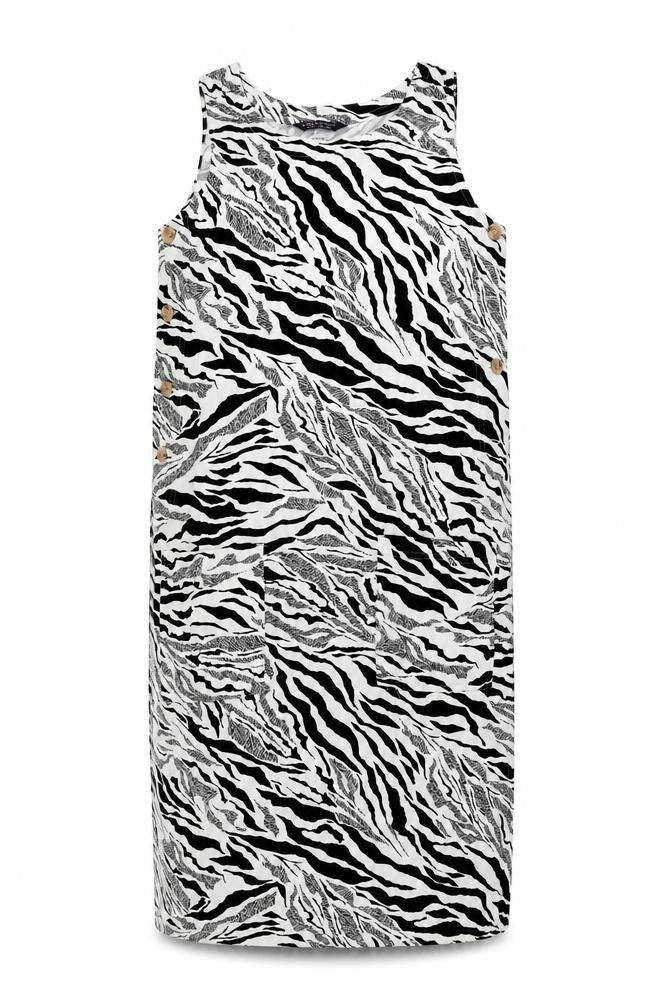 Marks & Spencer Womens White Animal Print Linen Shift Size 6 Round Neck Button - Zebra Print