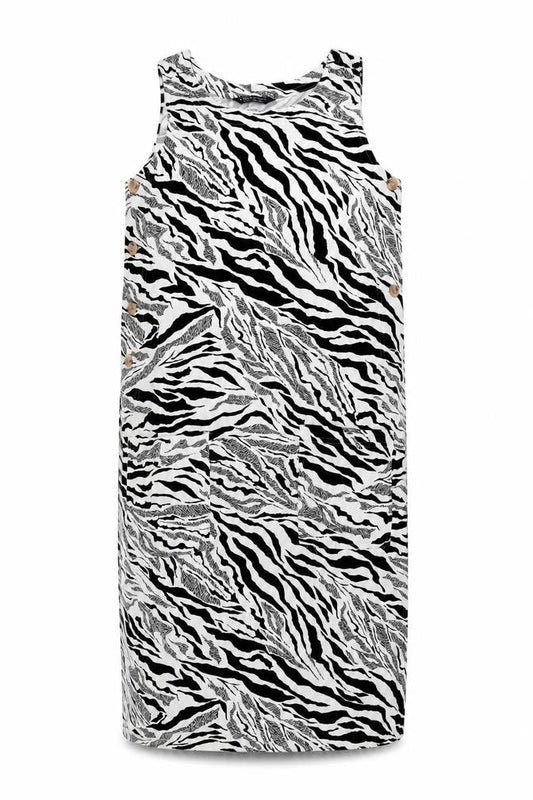 Marks & Spencer Womens White Animal Print Linen Shift Size 6 Round Neck Button - Zebra Print