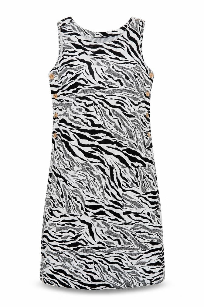 Marks & Spencer Womens White Animal Print Linen Shift Size 6 Round Neck Button