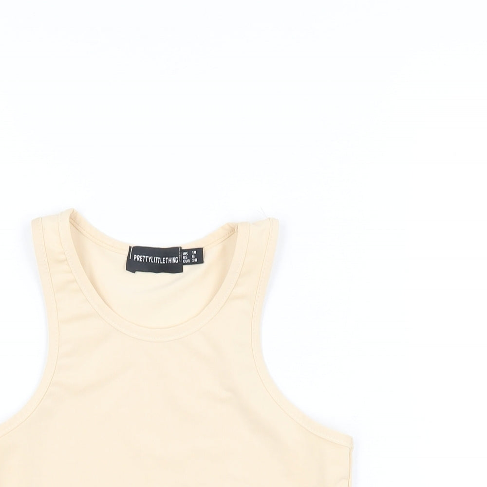 PRETTYLITTLETHING Womens Beige Polyester Basic T-Shirt Size 10 Round Neck