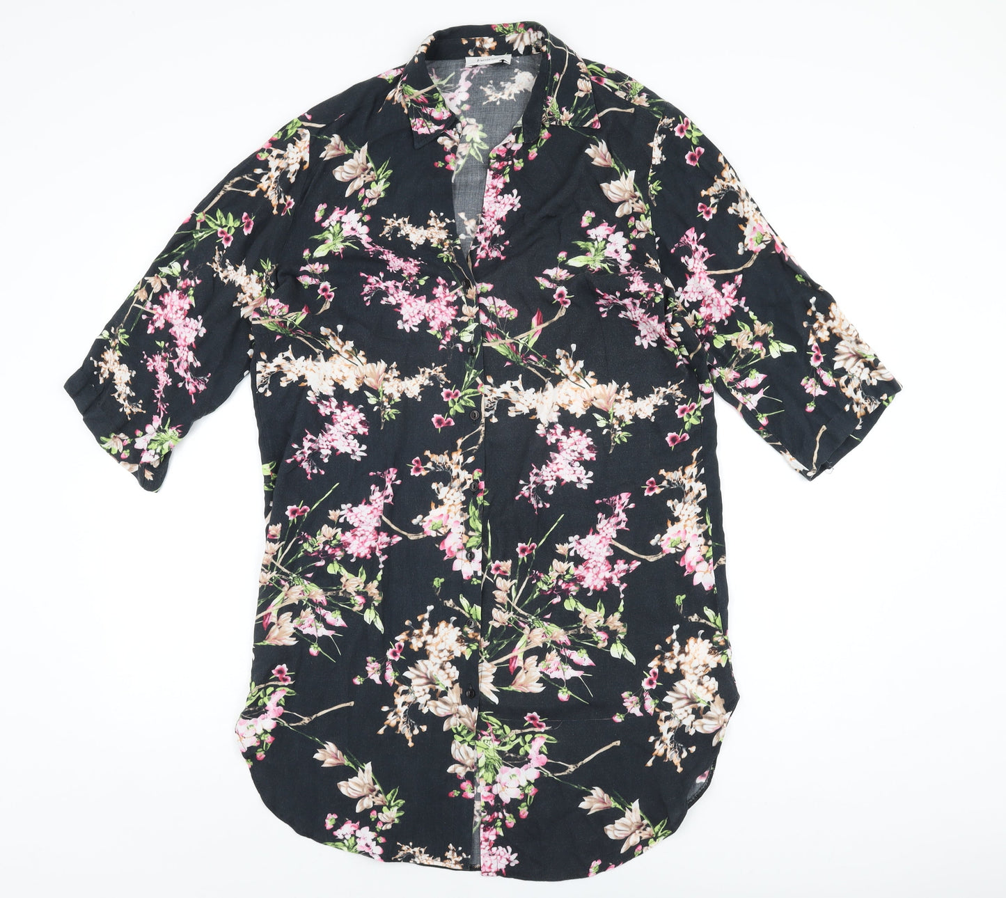 HEINE Womens Black Floral Polyester Basic Button-Up Size 14 Collared