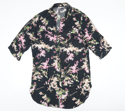 HEINE Womens Black Floral Polyester Basic Button-Up Size 14 Collared