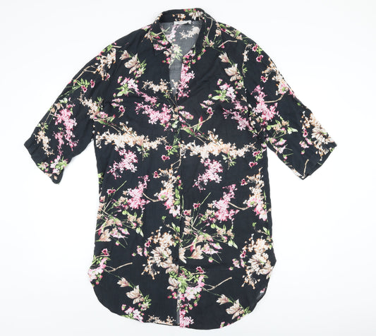 HEINE Womens Black Floral Polyester Basic Button-Up Size 14 Collared