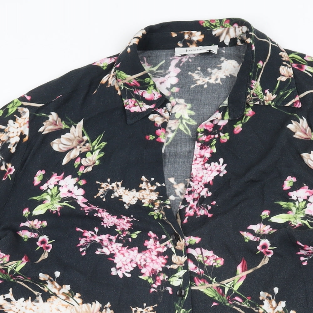 HEINE Womens Black Floral Polyester Basic Button-Up Size 14 Collared