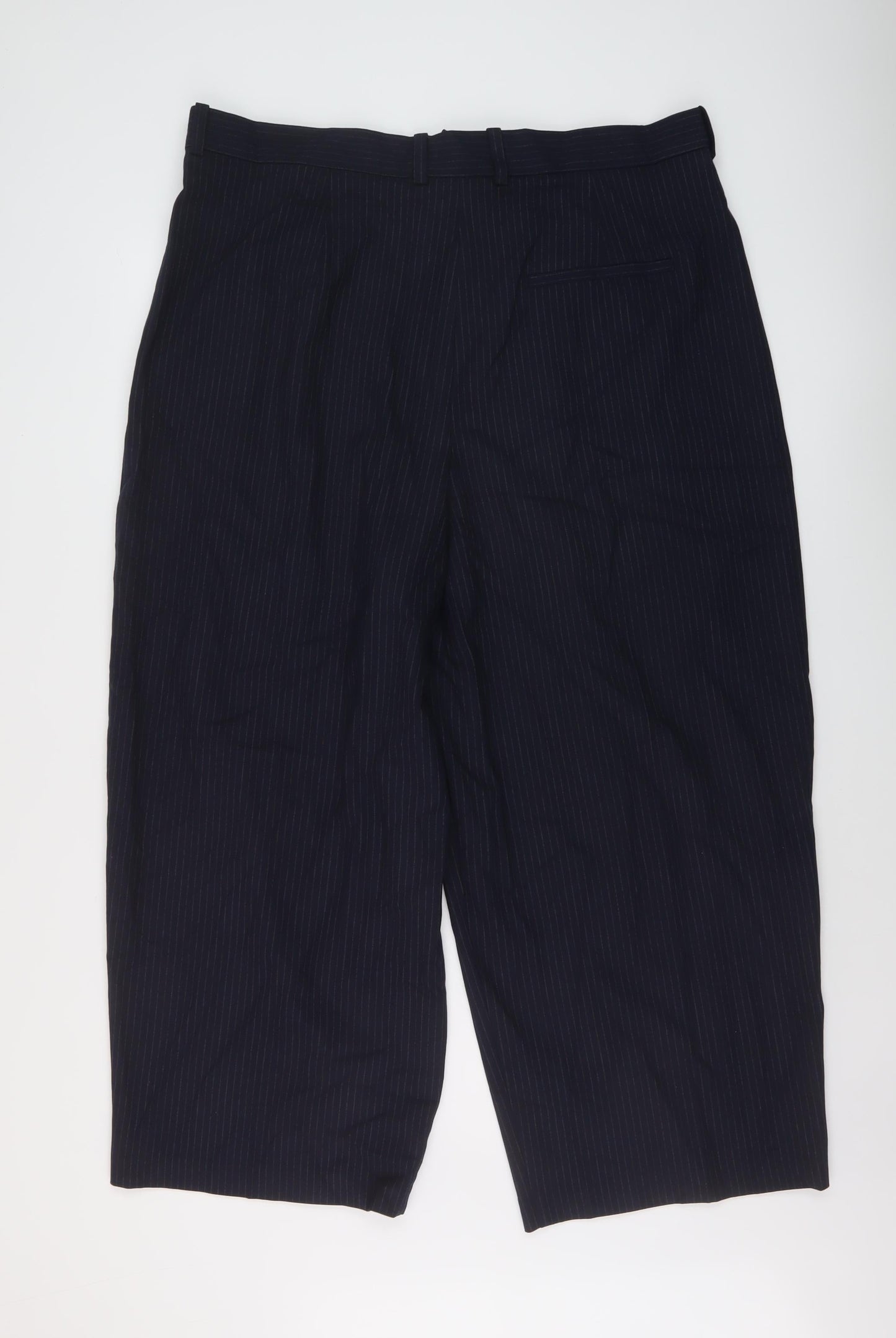 Marks and Spencer Womens Blue Striped Polyester Trousers Size 20 L27 in Regular Hook & Eye